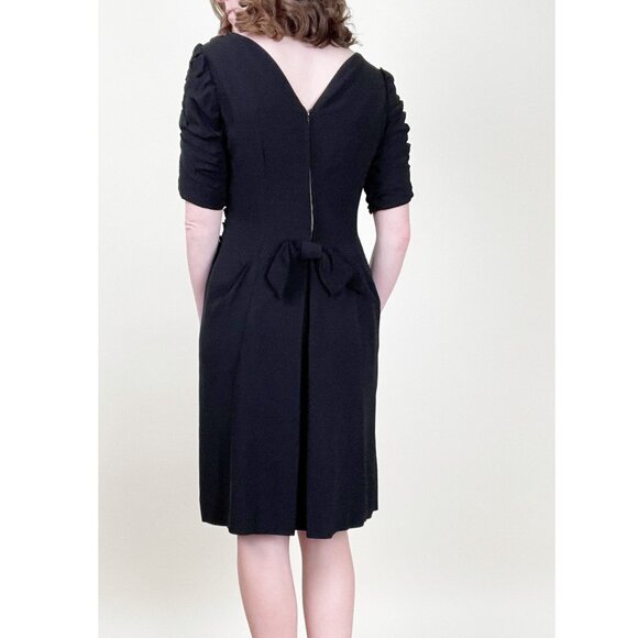 Vintage 1960s Little Black Dress Mini Midi Pleated Drape Preppy Bow Handmade 60s - Picture 3 of 7